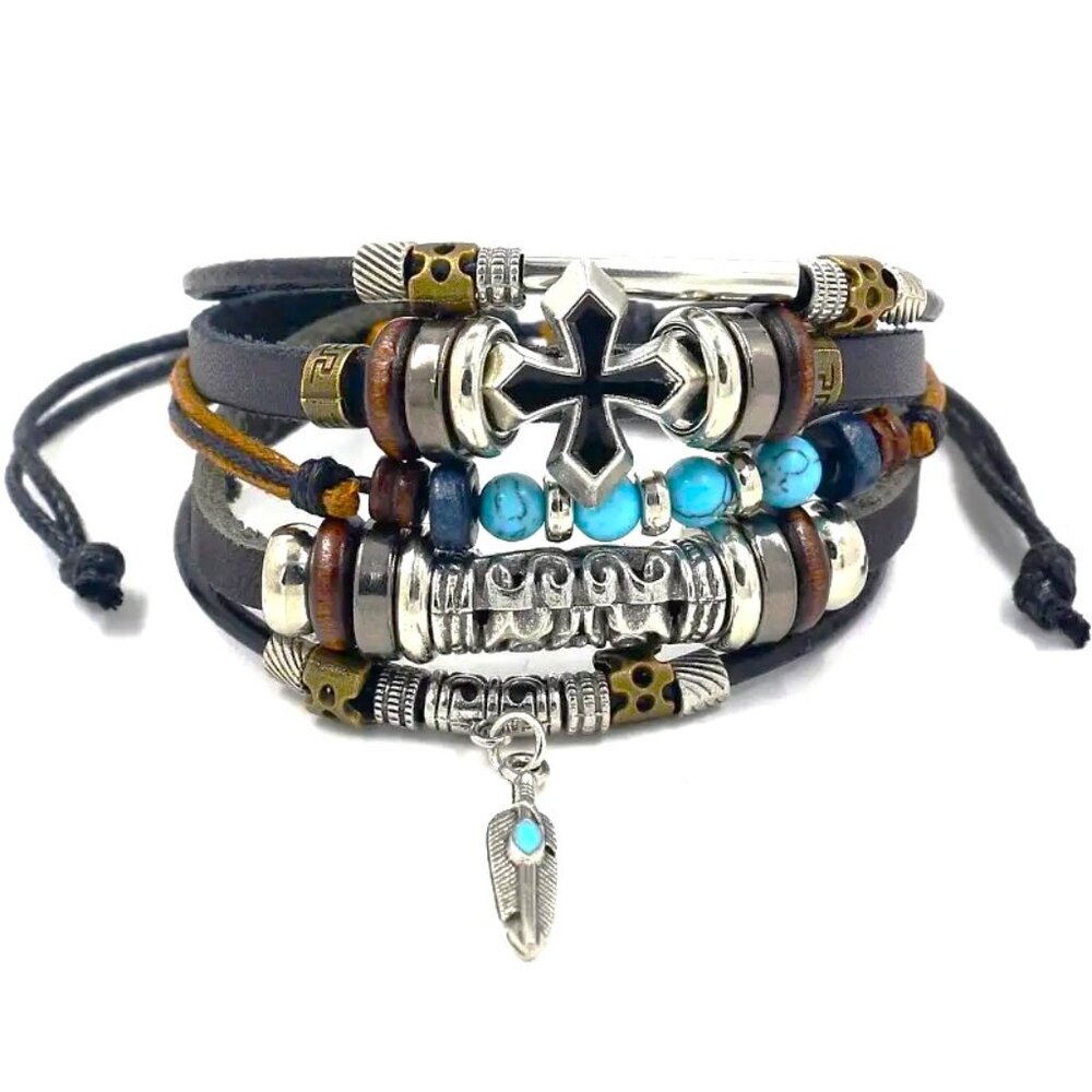 Leather Bracelet Iron Cross Cuff Bangle Layered Stylish Beads Turquoise Wrist